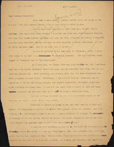 Bartolomeo Vanzetti typed letter (copy) to Alice Stone Blackwell, [Bridgewater Hospital for the Criminally Insane], 6 April 1925
