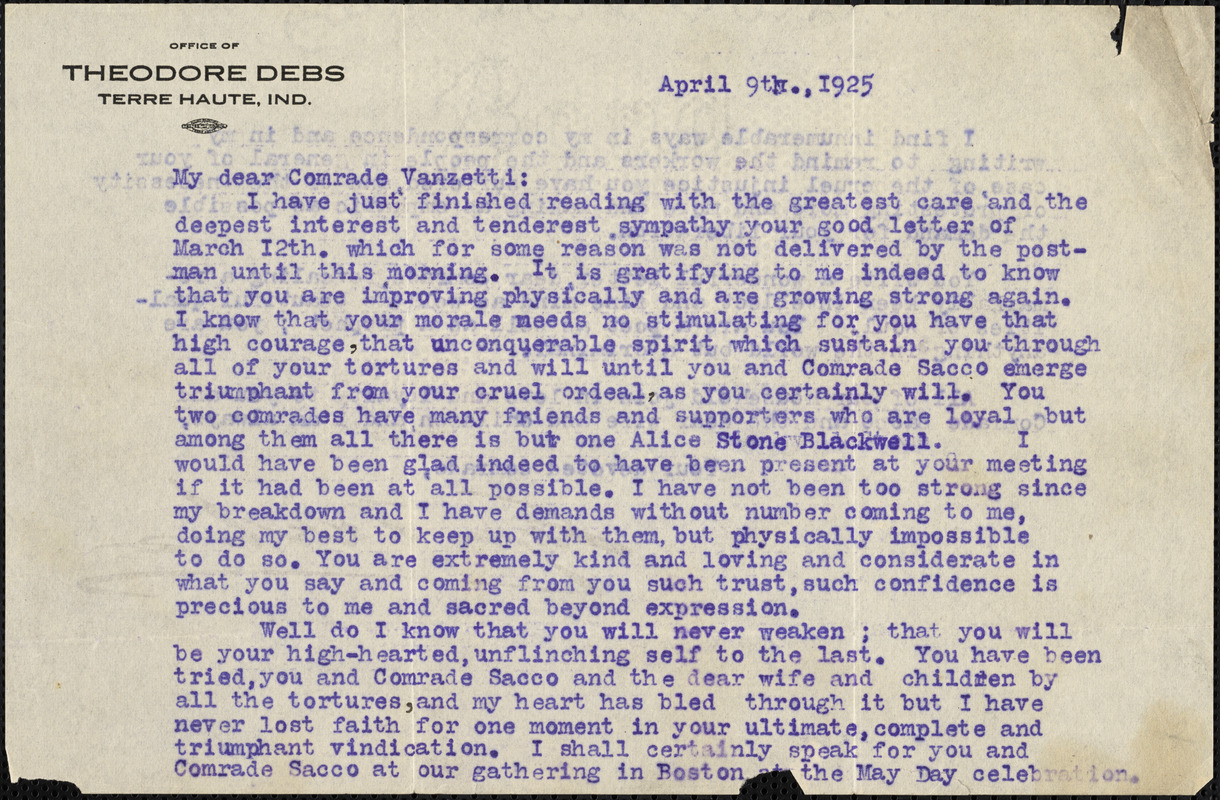 Eugene V. Debs typed letter signed to Bartolomeo Vanzetti, Terre-Haute, Ind., 9 April 1925