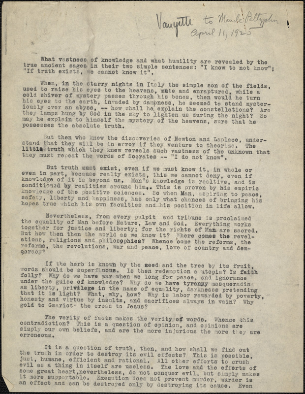 Bartolomeo Vanzetti typed letter (copy) to Maude Pettyjohn, [Bridgewater State Hospital for the Criminally Insane], 11 April 1925