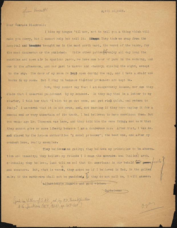 Bartolomeo Vanzetti typed letter (copy) to Alice Stone Blackwell, [Bridgewater State Hospital for the Criminally Insane], 16 April 1925