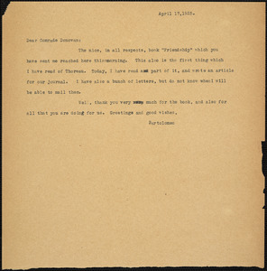Bartolomeo Vanzetti typed note (copy) to Mary Donovan, [Bridgewater State Hospital for the Criminally Insane], 17 April 1925