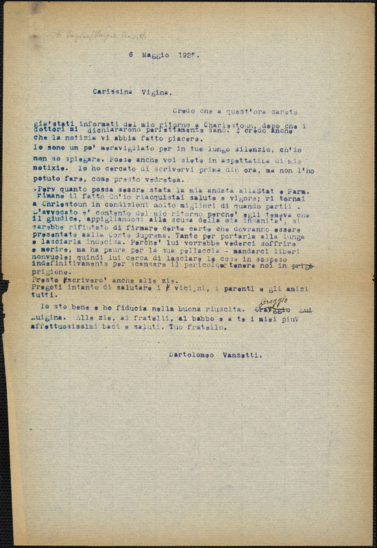 Bartolomeo Vanzetti typed letter (copy) to Luigia Vanzetti, [Charlestown], 6 May 1925