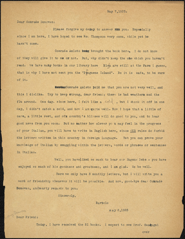 Bartolomeo Vanzetti typed letter (copy) to Mary Donovan, [Charlestown], 7 May 1925