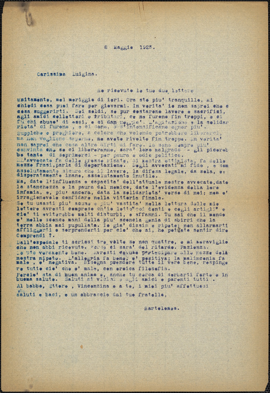 Bartolomeo Vanzetti typed letter (copy) to Luigia Vanzetti, [Charlestown], 8 May 1925