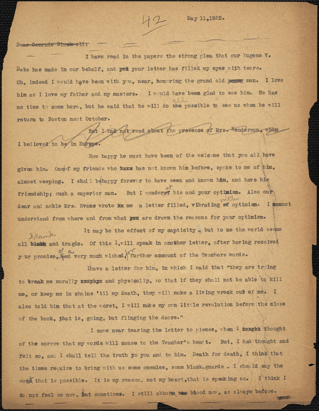Bartolomeo Vanzetti typed letter (copy) to Alice Stone Blackwell, [Charlestown], 11 May 1925