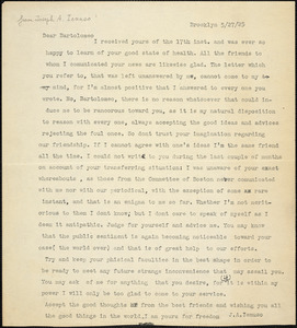 Joseph Ienuso typed letter to Bartolomeo Vanzetti, Brooklyn, 27 May 1925