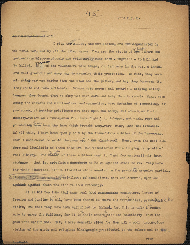 Bartolomeo Vanzetti typed letter (copy) to Alice Stone Blackwell, [Charlestown], 5 June 1925
