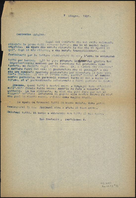 Bartolomeo Vanzetti typed letter (copy) to Luigia Vanzetti, [Charlestown], 7 June 1925