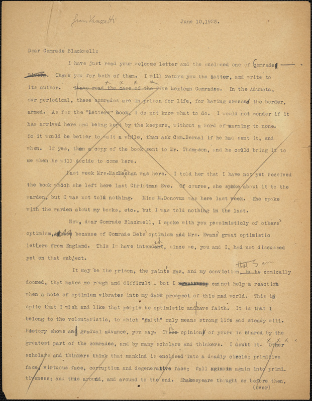 Bartolomeo Vanzetti typed letter (copy) to Alice Stone Blackwell, [Charlestown], 10 June 1927