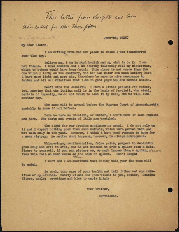 Bartolomeo Vanzetti typed letter (copy) to Luigia Vanzetti, [Charlestown], 17 June 1925