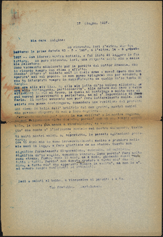 Bartolomeo Vanzetti typed letter (copy) to Luigia Vanzetti, [Charlestown], 1925 June 17
