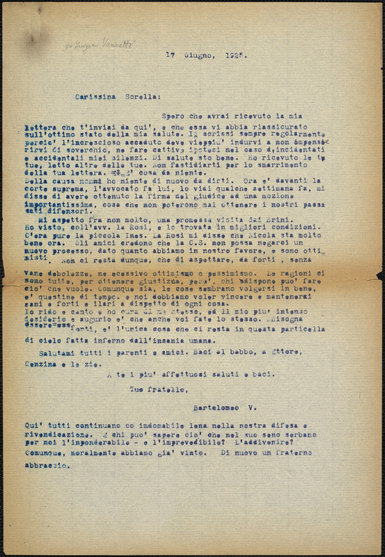 Bartolomeo Vanzetti typed letter (copy) to Luigia Vanzetti, [Charlestown], 17 June 1925