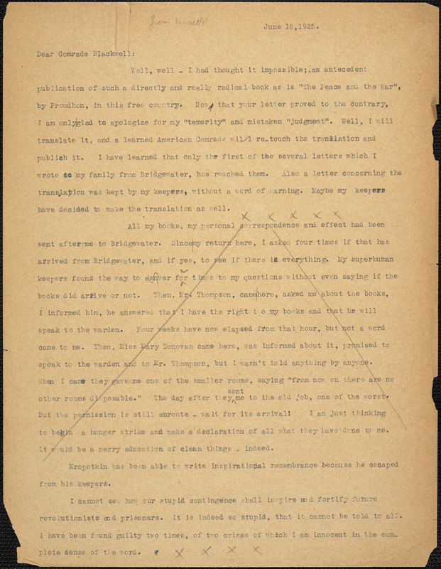 Bartolomeo Vanzetti typed letter (copy) to Alice Stone Blackwell, [Charlestown], 18 June 1925