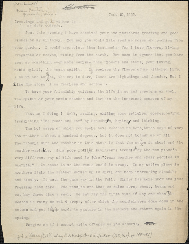 Bartolomeo Vanzetti typed letter (copy) to [Irene Benton] [Charlestown], 20 June 1925