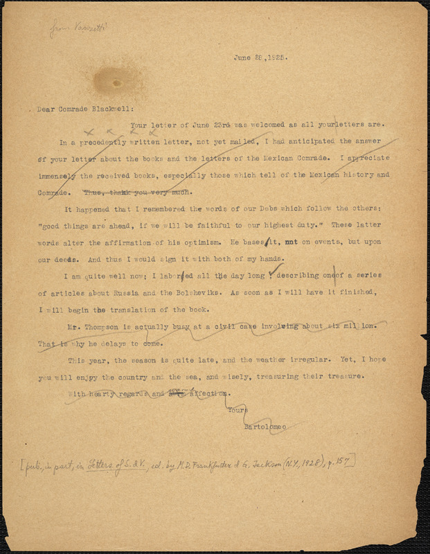 Bartolomeo Vanzetti typed letter (copy) to Alice Stone Blackwell, [Charlestown], 28 June 1925