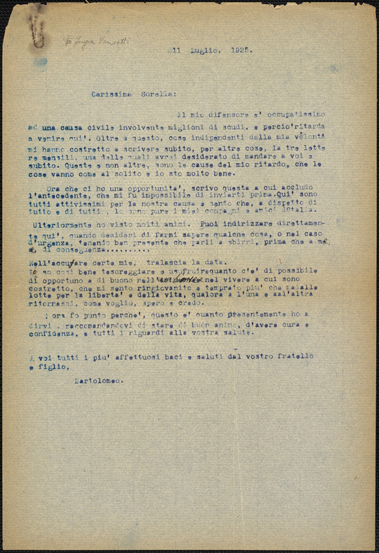 Bartolomeo Vanzetti typed letter (copy) to Luigia Vanzetti, [Charlestown], 11 July 1925