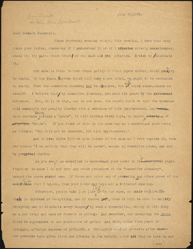 Bartolomeo Vanzetti typed letter (copy) to Alice Stone Blackwell, [Charlestown], 22 July 1925