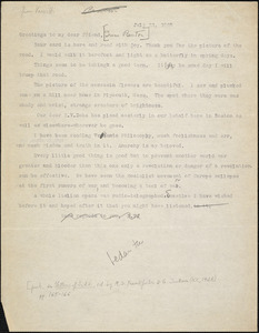 Bartolomeo Vanzetti typed letter (copy) to [Irene Benton], [Charlestown], 31 July 1927