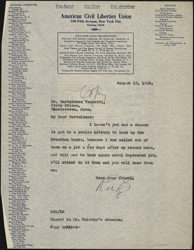Roger Nash Baldwin typed note (copy) to Bartolomeo Vanzetti, New York, 8 August 1925