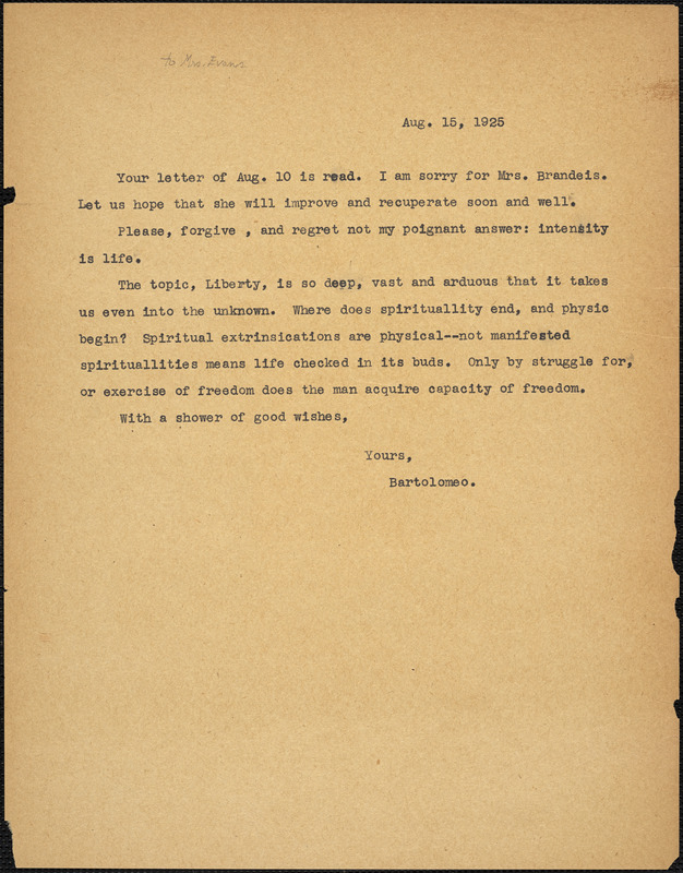 Bartolomeo Vanzetti typed note (copy) to [Elizabeth Glendower Evans], [Charlestown], 16 August 1925