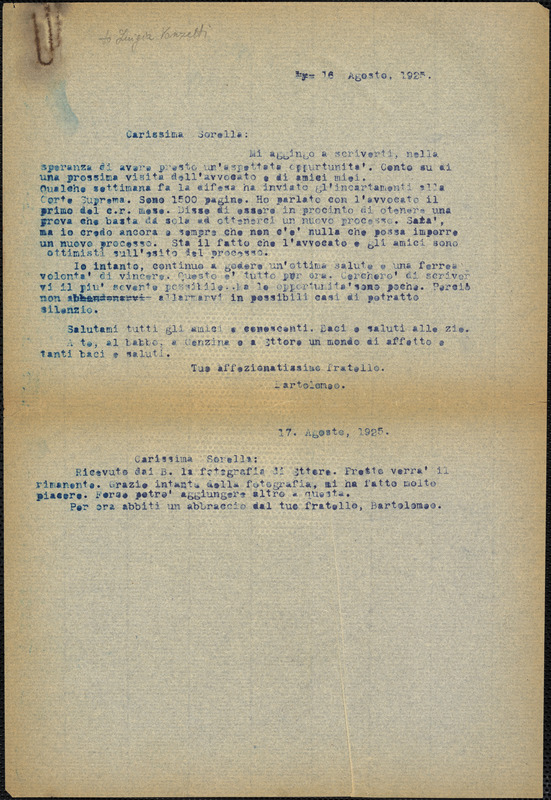 Bartolomeo Vanzetti typed letter (copy) to Luigia Vanzetti, [Charlestown], 16 August 1925