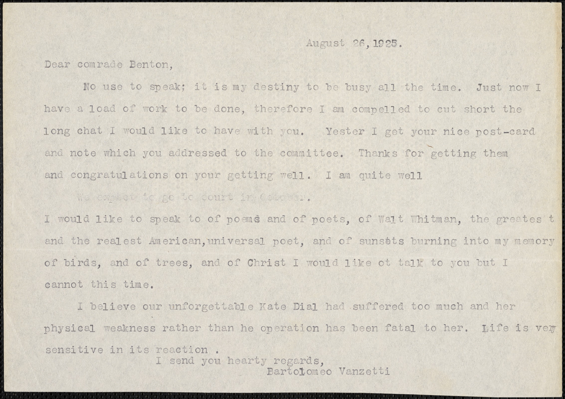 Bartolomeo Vanzetti typed letter (copy) to Irene Benton, [Charlestown], 26 August 1925