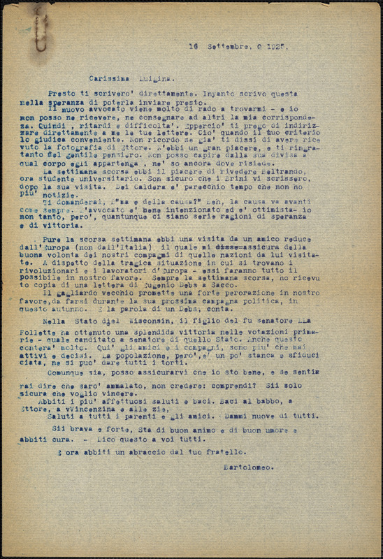 Bartolomeo Vanzetti typed letter (copy) to Luigia Vanzetti, [Charlestown], 16 September 1925