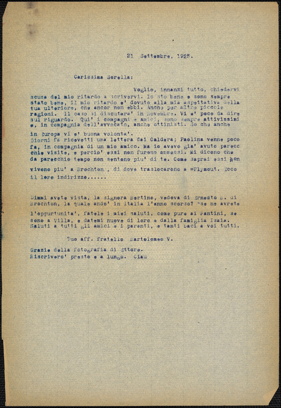 Bartolomeo Vanzetti typed letter (copy) to Luigia Vanzetti, [Charlestown], 21 September 1925.