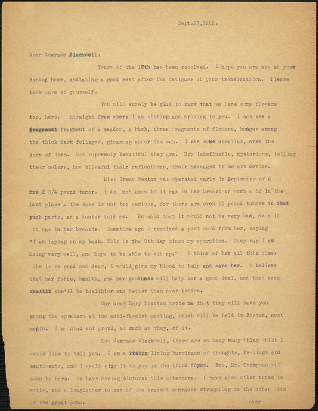 Bartolomeo Vanzetti typed letter (copy) to Alice Stone Blackwell, [Charlestown], 27 September 1925