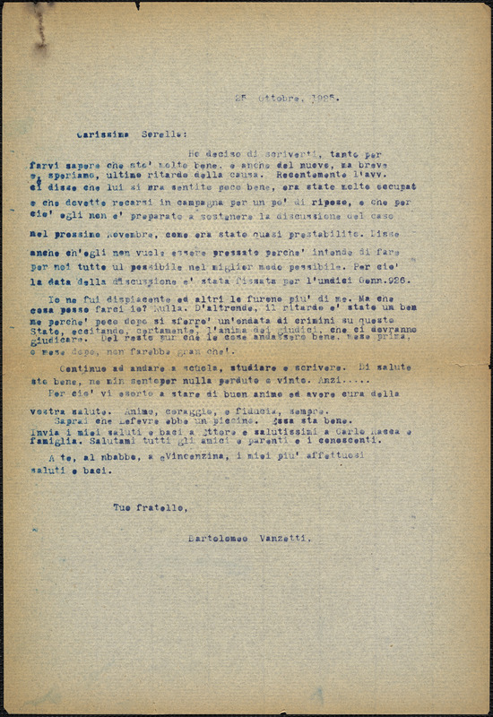 Bartolomeo Vanzetti typed letter (copy) to [Luigia Vanzetti], [Charlestown], 25 October 1925