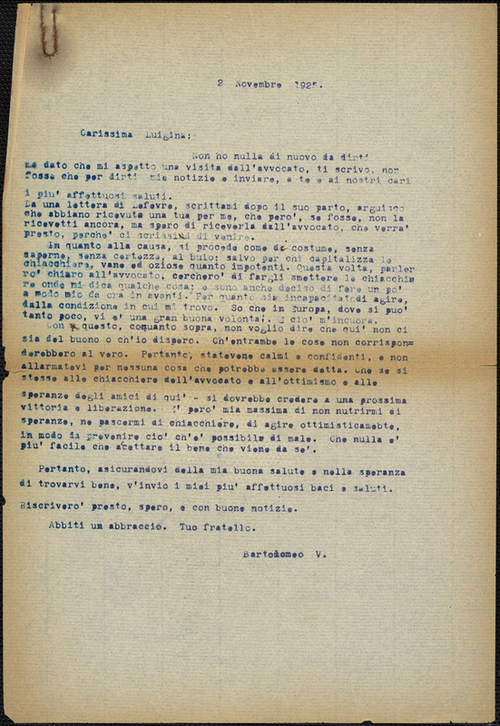 Bartolomeo Vanzetti typed letter (copy) to Luigia Vanzetti, [Charlestown], 2 November 1925