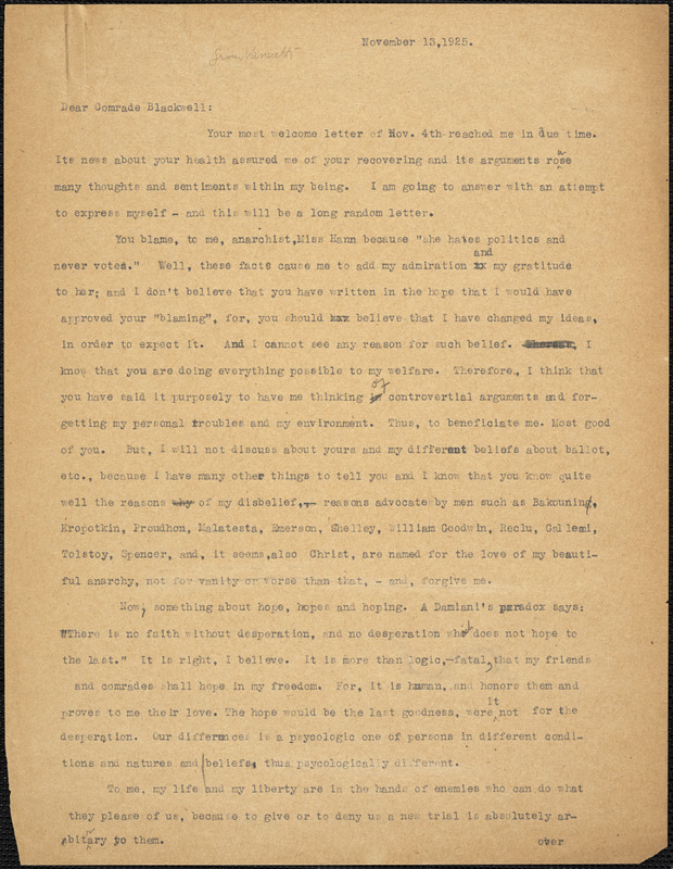 Bartolomeo Vanzetti typed letter (copy) to Alice Stone Blackwell, [Charlestown], 13 November 1925