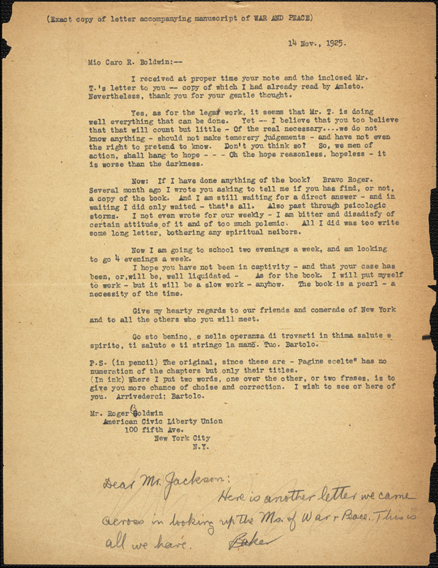 Bartolomeo Vanzetti typed letter (copy) to Roger Nash Baldwin, [Charlestown], 14 November 1925