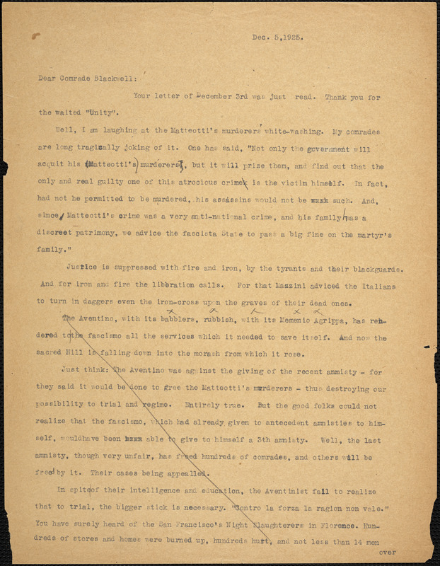 Bartolomeo Vanzetti typed letter (copy) to Alice Stone Blackwell, [Charlestown], 5 December 1925