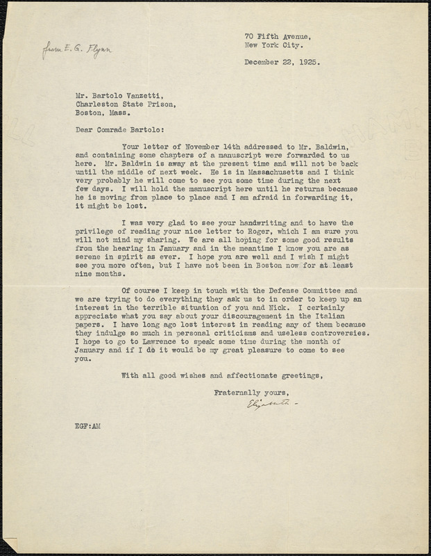 Elizabeth Gurley Flynn typed letter signed to Bartolomeo Vanzetti, New York, 22 December 1925