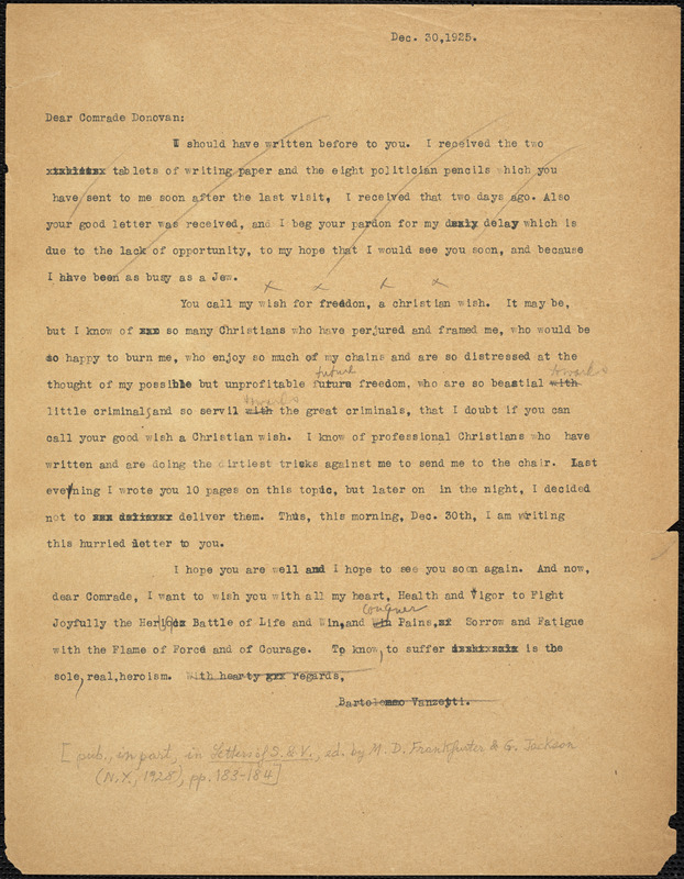 Bartolomeo Vanzetti typed letter (copy) to Mary Donovan, [Charlestown], 30 December 1925
