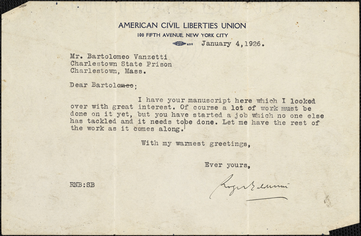 Roger N. Baldwin typed note signed to Bartolomeo Vanzetti, New York, 4 January 1926