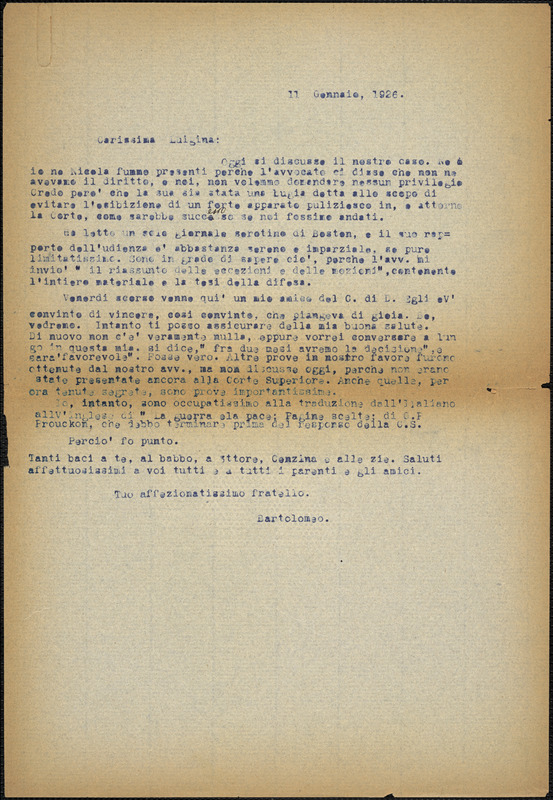 Bartolomeo Vanzetti typed letter (copy) to Luigia Vanzetti, [Charlestown], 11 January 1926