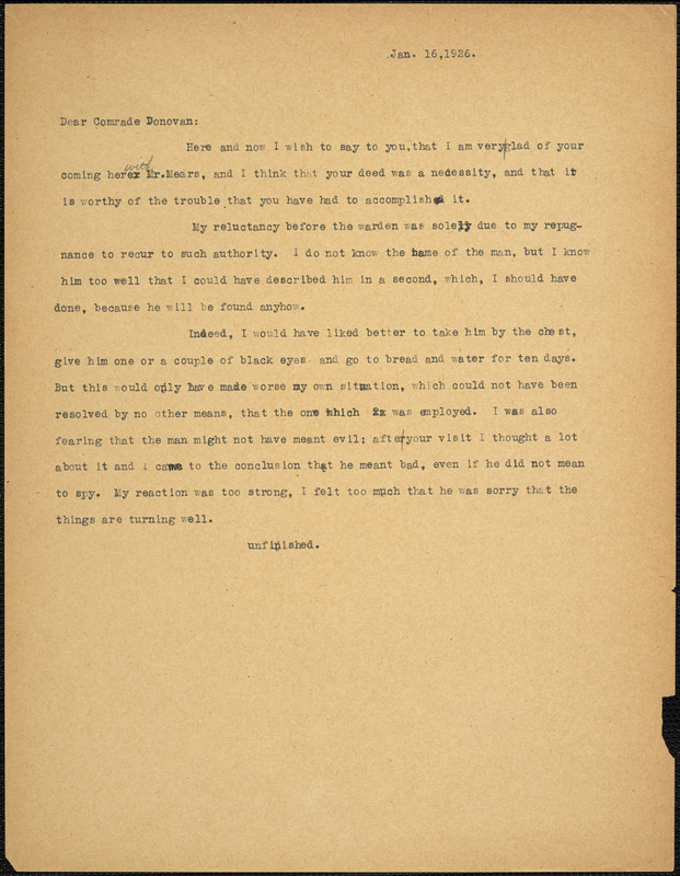 Bartolomeo Vanzetti typed letter (incomplete copy) to Mary Donovan, [Charlestown], 16 January 1926