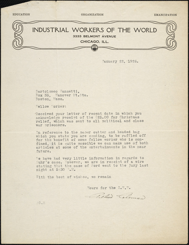 Arthur Coleman typed letter signed to Bartolomeo Vanzetti, Chicago, 22 January 1926