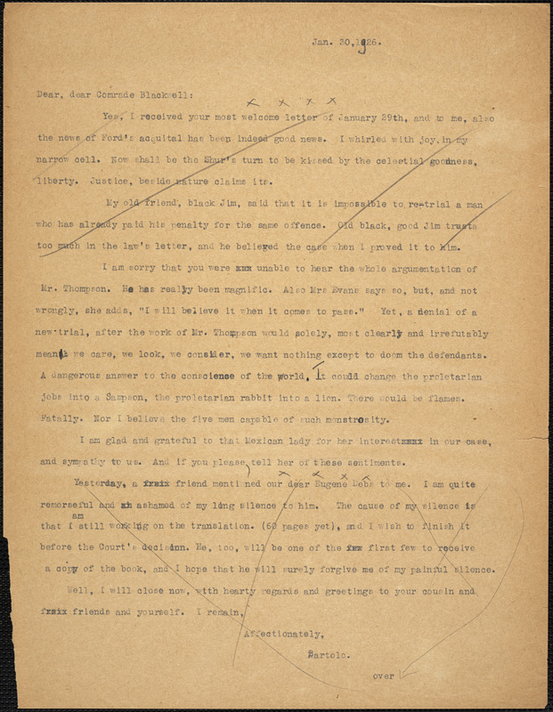 Bartolomeo Vanzetti typed letter (copy) to Alice Stone Blackwell, [Charlestown], 30 January 1926