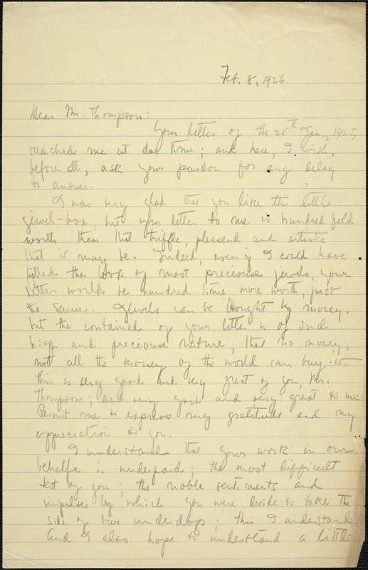 Bartolomeo Vanzetti manuscript letter (copy) to William G. Thompson, [Charlestown], 8 February 1926