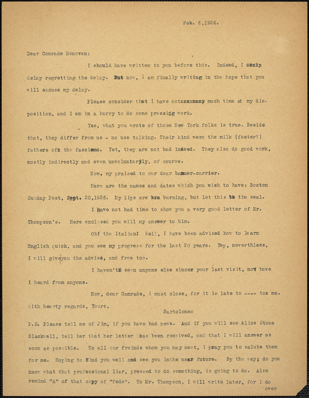 Bartolomeo Vanzetti typed letter (copy) to Mary Donovan, [Charlestown], 8 February 1926