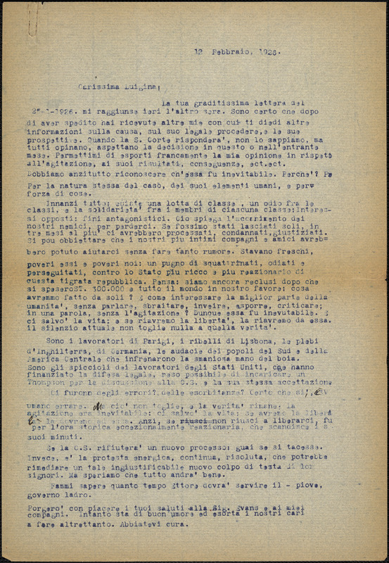 Bartolomeo Vanzetti typed letter (copy) Luigia Vanzetti, [Charlestown], 12 February 1926