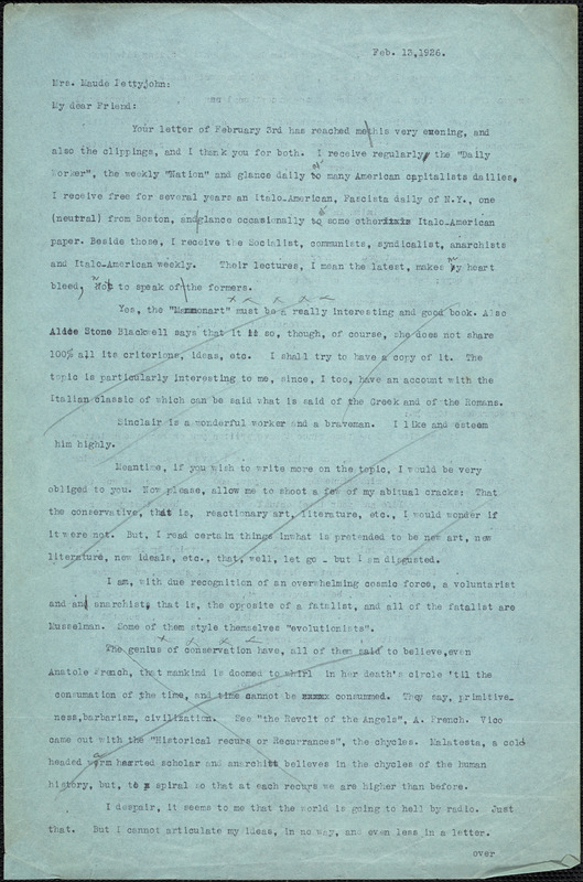 Bartolomeo Vanzetti typed letter (copy) to Maude Pettyjohn, [Charlestown], 13 February 1926 ; Bartolomeo Vanzetti typed note (copy) to Maude Pettyjohn, [Charlestown], 16 May 1926