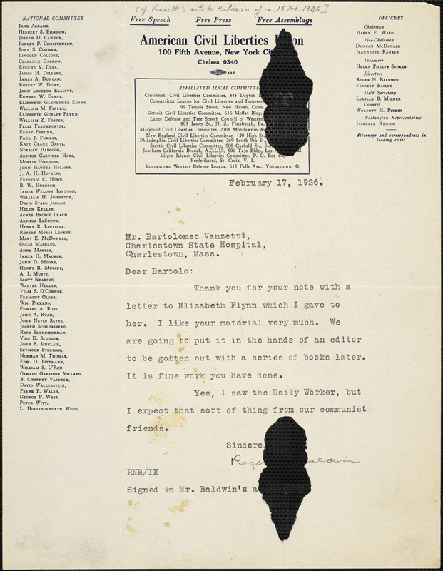 Roger N. Baldwin typed note signed to Bartolomeo Vanzetti, New York, 17 February 1926