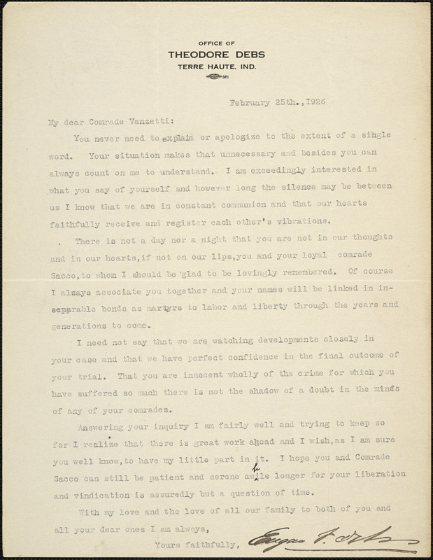 Eugene V. Debs typed letter signed to Bartolomeo Vanzetti, Terre-Haute, Ind., 25 February 1926