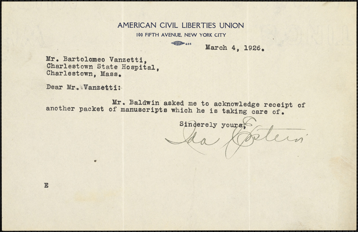 Ida Epstein typed note signed to Bartolomeo Vanzetti, New York, 4 March 1926