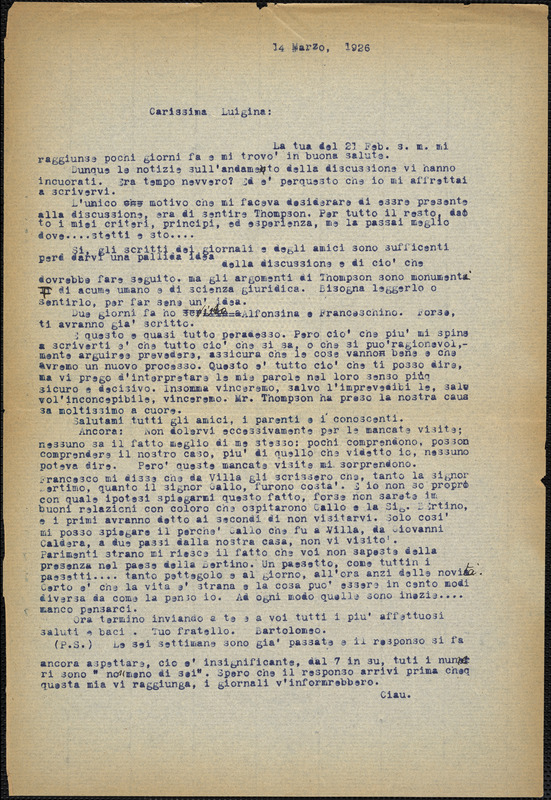 Bartolomeo Vanzetti typed letter (copy) to Luigia Vanzetti, [Charlestown], 14 March 1926