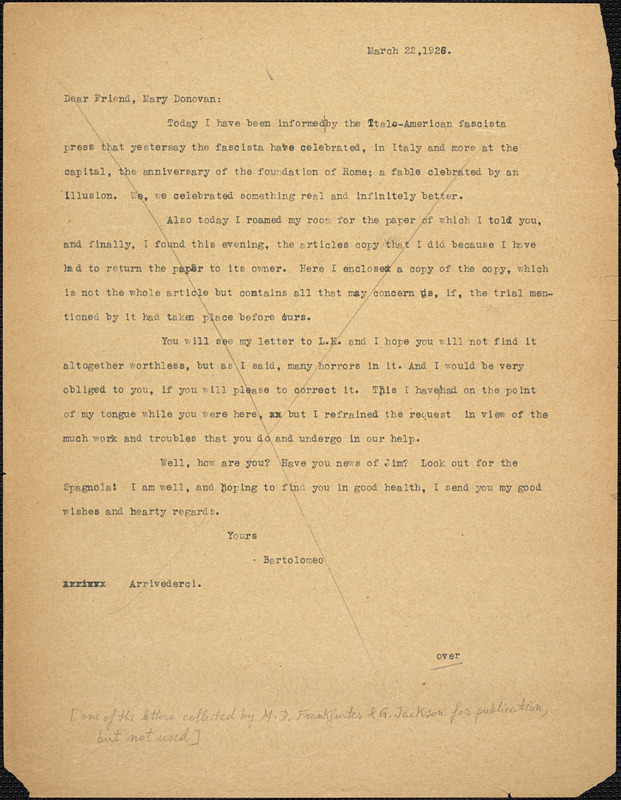 Bartolomeo Vanzetti typed letter (copy) to Mary Donovan, [Charlestown], 22 March 1926